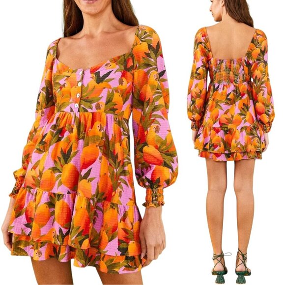 Farm Rio - NWT, Women’s ‘Mango Macaws’ Long-Sleeve Mini Dress in Lilac - Small - Picture 1 of 17